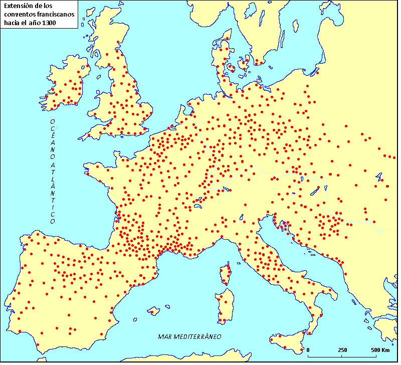 Mapa de difusión de los conventos franciscanos hacia el año 1300