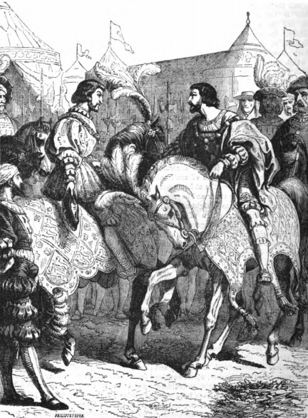 Encuentro de Francisco I y Enrique VIII en el Camp du drop d'orIlustración de Cassell's Illustrated History of England