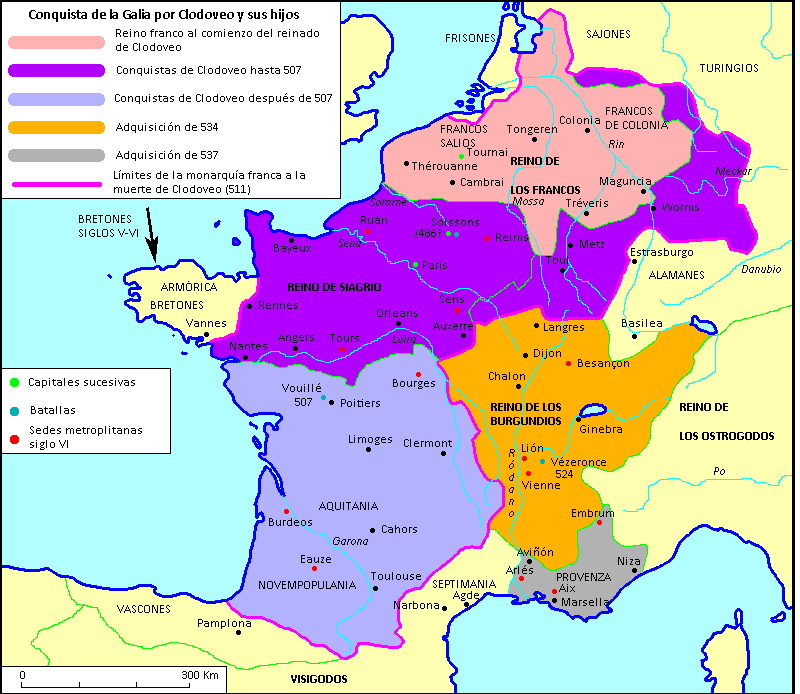 Mapa de la conquista de la Galia por Clodoveo y sus hijos
