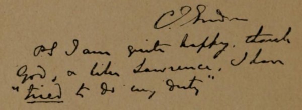Última carta de Gordon a su hermana'Estoy muy feliz, gracias a Dios, y, como Lawrence, he tratado de cumplir con mi deber'.