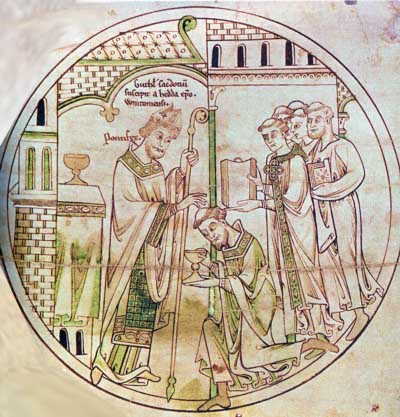 Guthlac ordenado sacerdote por el obispo Hella, de un rollo que representa escenas de su vida. Inglaterra c. 1210. Herley Roll Y 6, nimbo 11