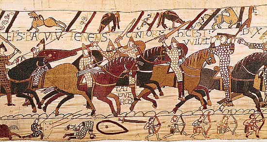 Detalle del tapiz de Bayeux del siglo XI que muestra la batalla de Hastings (1066).Musée de la Tapisserie de la Reine-Mathilde, Bayeux, Francia.
