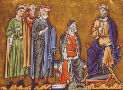 Herodes conversa con los magos.Salterio de Ingeborg, Museo Condé, Chantilly