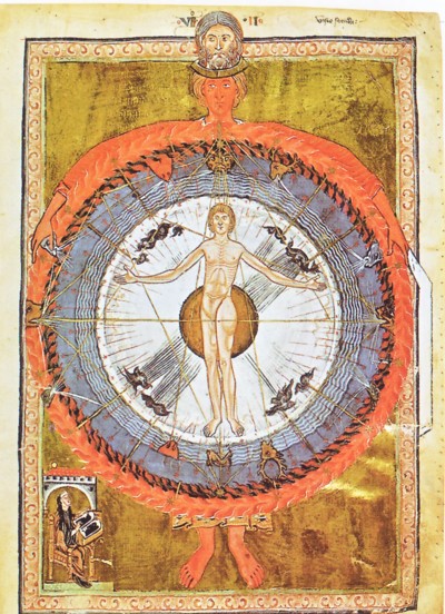 La creación con el universo y el hombre cósmico, en Liber divinorum operum, c. 1230, Lucca, Biblioteca Estatal, Ms. 1942
