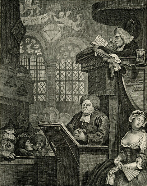 La congregación durmiente, grabado de William Hogarth