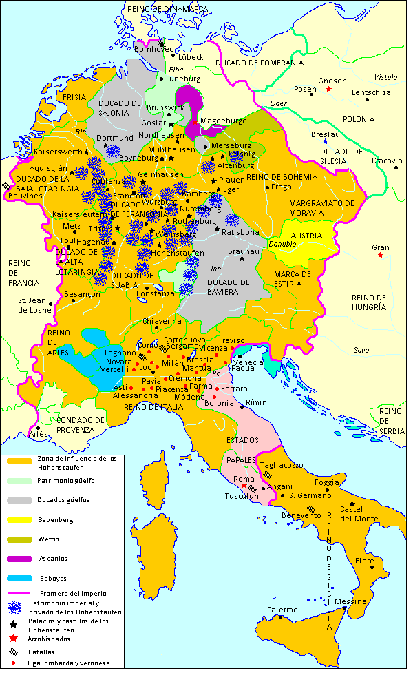 Mapa del Sacro Imperio bajo los Hohenstaufen (1125-1254)