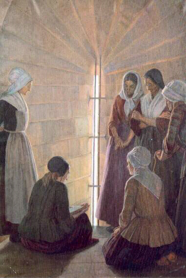 Prisioneras hugonotes leyendo la Biblia en la Tour de Constance (Cuadro de Jeanne Lombard)