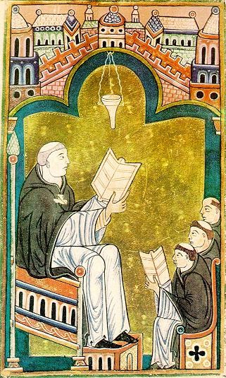 Hugo de San Víctor dando una clase, según un manuscrito inglés de comienzos del siglo XIII