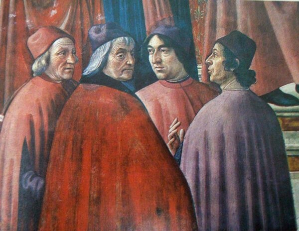 Cuatro humanistas: Ficino, Landino, Poliziano y Gentile de'Becchi, por D. Ghirlandaio