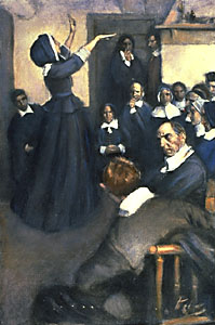 Anne Hutchinson predicando en su casa, cuadro de Howard Pyle, 1901