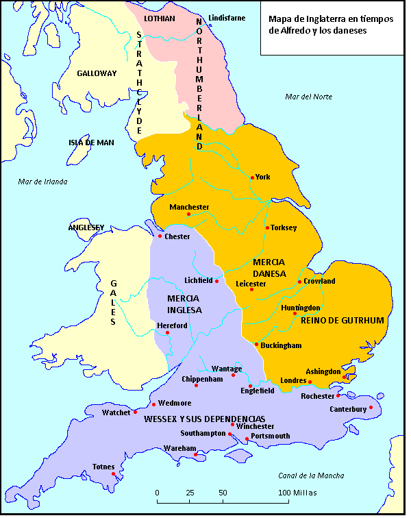 Mapa de Inglaterra en tiempos de Alfredo y Guthrum