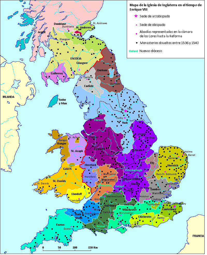 Mapa de la Iglesia de Inglaterra en el tiempo de Enrique VIII