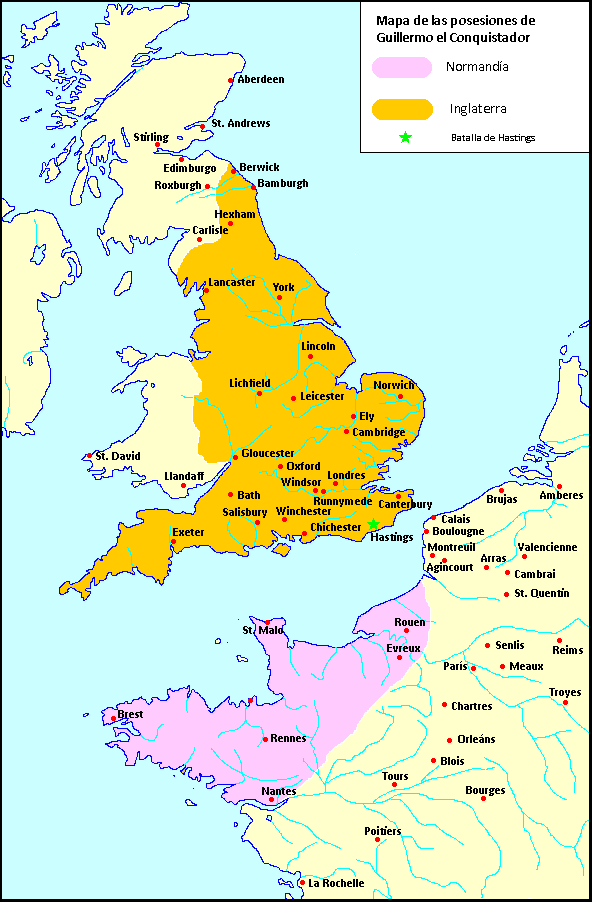 Mapa de las posesiones de Guillermo en Inglaterra