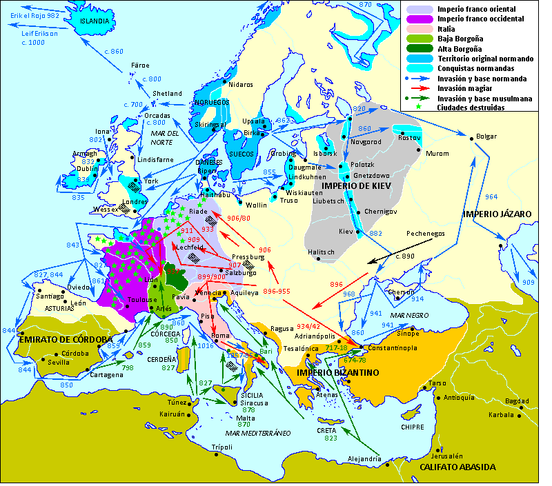 Mapa de las invasiones normandas, húngaras y musulmanas de los siglos VIII al X