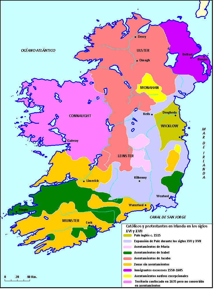 Mapa de católicos y protestantes en Irlanda en los siglos XVI y XVII