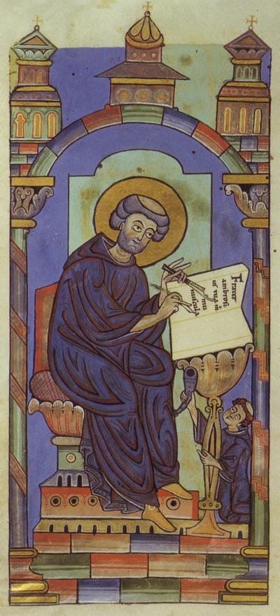 Jerónimo escribiendo, caracterizado como un monje agustino. Biblia de Worms, 1148, procedente de Frankentahl, Alemania. Harley MS 2803, f. 1v