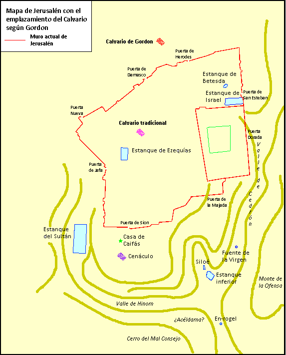 Mapa de Jerusalén, con el emplazamiento del Calvario según Gordon