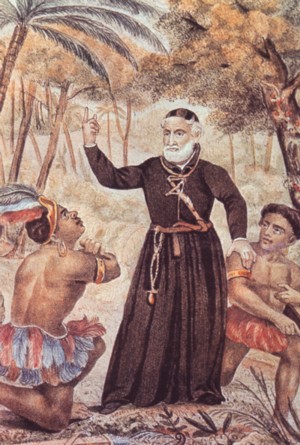 Jesuita evangelizando a indígenas americanos. Grabado del siglo XVI