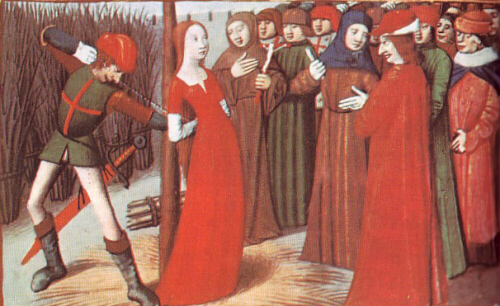 Juana de Arco preparada para la hoguera, miniatura de Vigiles de Charles VII, por Martial de París (siglo XV). Biblioteca Nacional, París