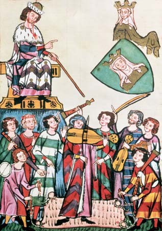 Juglares y trovadores ante el emperador alemán.Manuscrito iluminado Manessa Codex, c. 1300.