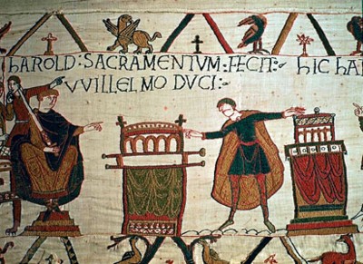 Harold (derecha) jura lealtad a Guillermo, duque de Normandía,detalle del Tapiz Bayeux, siglo XI; en Musée de la Tapisserie,Bayeux, Francia.