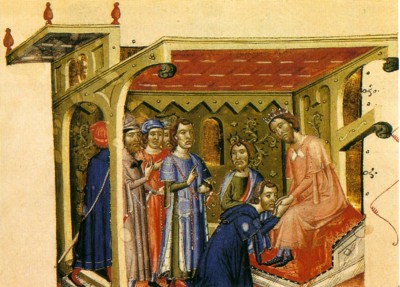 Juramento de vasallos ante el rey Pedro III, miniatura del Libro de Privilegios de la Ciudad de Barcelona. Casa del Arcediano, Barcelona