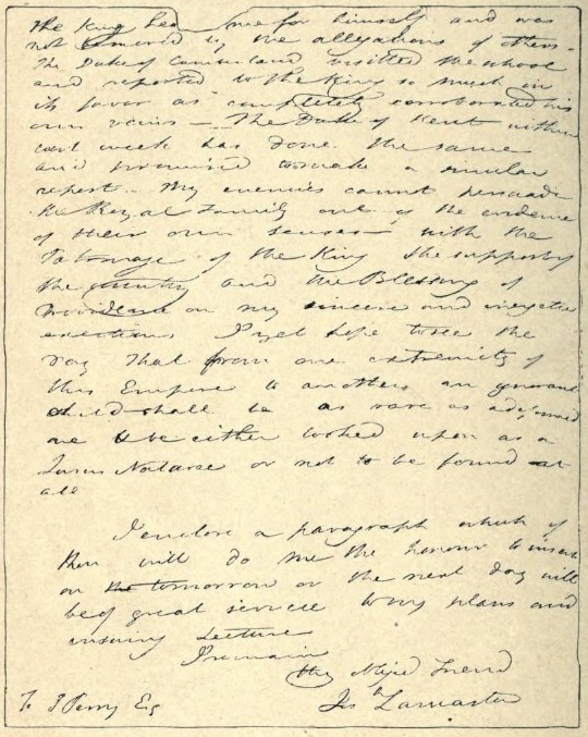 Facsímil de una carta de Lancaster