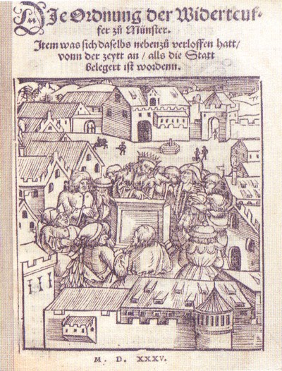 Portada de Die Ordnung der Widerteuffer zu Münstercon Juan de Leiden como rey, 1535.
