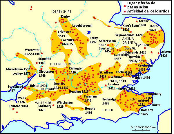 Mapa de difusión del lolardismo en Inglaterra