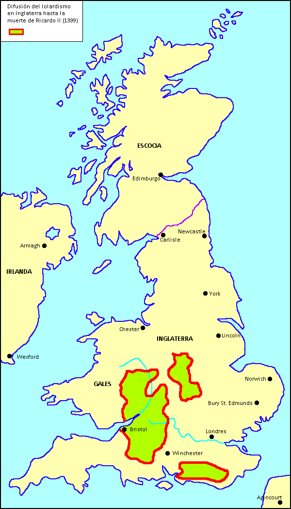 Mapa de difusión del lolardismo en Inglaterra hasta la muerte de Ricardo II (1399)
