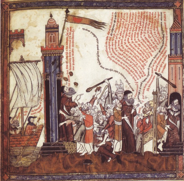 Viaje de Lulio a Bujía, lapidación y expulsión. Miniatura número 10 del Berviculum, biblioteca de la universidad de Karlsruhe, Alemania