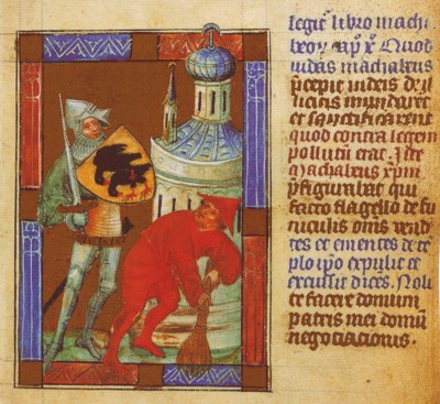 Judas Macabeo limpia el templo tras su victoria sobrelos enemigos de Israel, Biblia Pauperum, c.1395-1400.British Library, King's Ms. 5, Londres