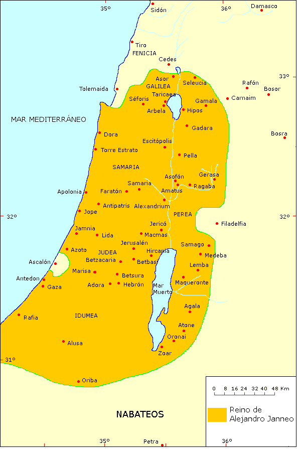 Mapa de la extensión máxima del reino asmoneo bajo Alejandro Janneo