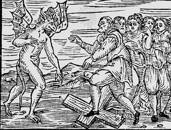 El diablo y las brujas pisando una cruz, del Compendium maleficarum, 1608
