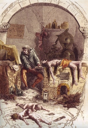 Gilles de Rais practica la magia negra sacrificando niños, grabado del siglo XIX