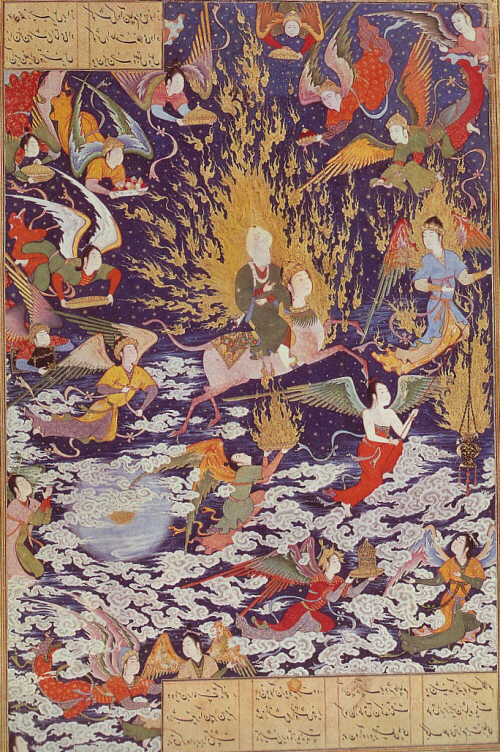 Mahoma es transportado al cielo. Está representado sin rostro. Miniatura de la escuela de Bagdad del Museo Británico de Londres