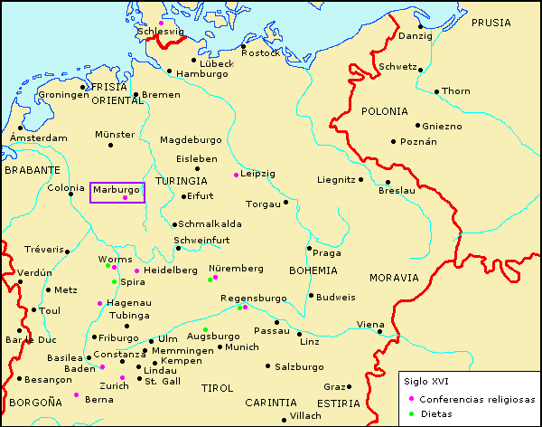 Mapa de las principales conferencias religiosas del siglo XVI en territorio alemán