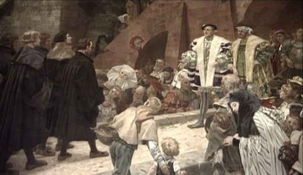 Felipe de Hesse recibe a Lutero y sus acompañantes a su llegada a Marburgo