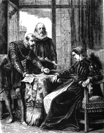 María Estuardo firma su renuncia en el castillo de LochlevenIlustración de Cassell's Illustrated History of England