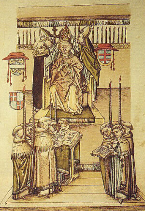 Martín V coronado papa, miniatura de la Crónica de Ulrich de Richentals, c. 1465