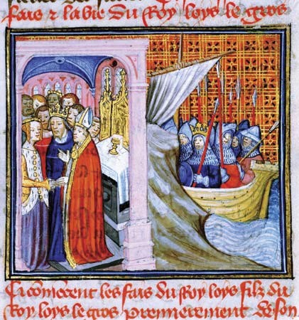 Boda de Leonor de Aquitania con Luis VII en 1137 (izquierda)y Luis VII partiendo para la segunda cruzada (1147)Ilustración de Les Chroniques de Saint-Denis, finales del siglo XIV