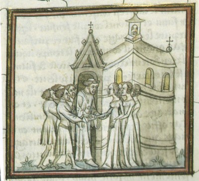 Bendición nupcial. Copia francesa de la crónica de Jean de Vignaytitulada Miroir Historial, finales del siglo XIV. Lansdowne MS 1179, f. 24