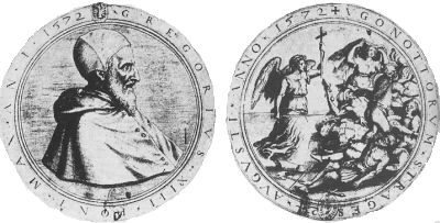 Medalla conmemorativa de la matanza de San Bartolomé, acuñada por Gregorio XIII. Museo Vaticano