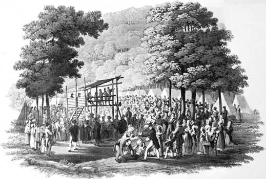 Reunión al aire libre metodista; dibujo de Jacques Milbert, grabado por Matthew Dubourg, en la biblioteca del Congreso, Washington, D.C.