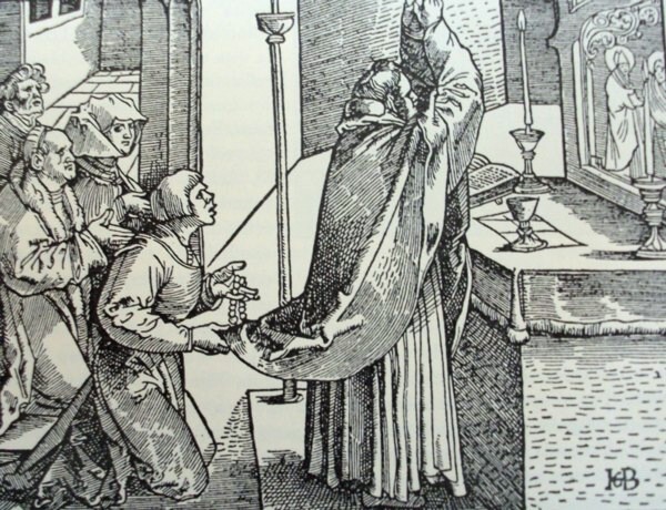 Sacerdote celebrando la misa. Grabado en madera de Hans Baldang Grien, 1516