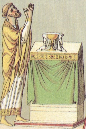 Sacerdote oficiando misa, en Historia del vestido por Albert Racinet