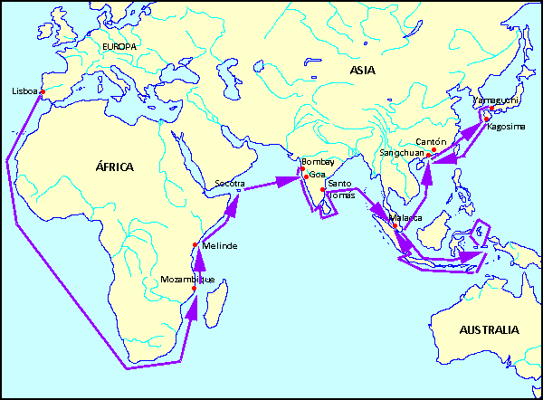 Mapa de los viajes misioneros de Francisco Javier
