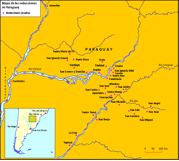 Mapa de las reducciones jesuitas en Paraguay