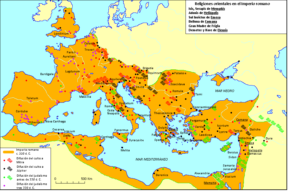 Mapa de las religiones orientales en el Imperio romano