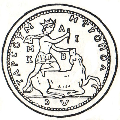Moneda antigua de Mitra y el toro